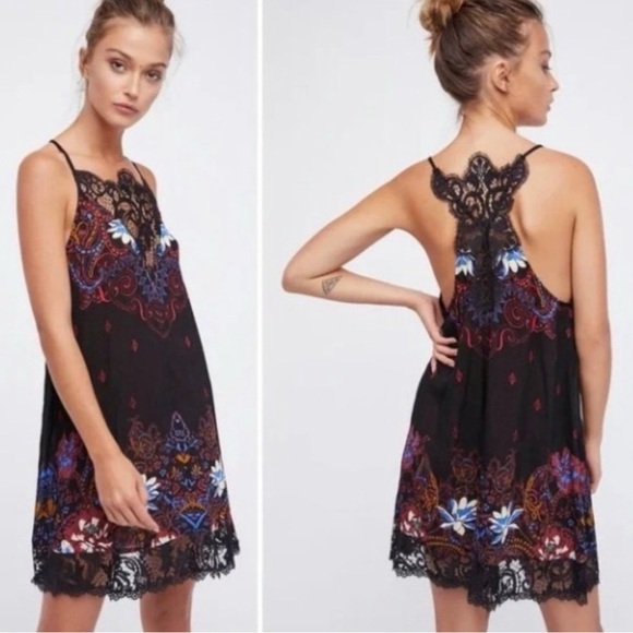 Free People Dresses & Skirts - Womens Free People Who's Sorry Now Printed Lace Shift Slip Dress Black
